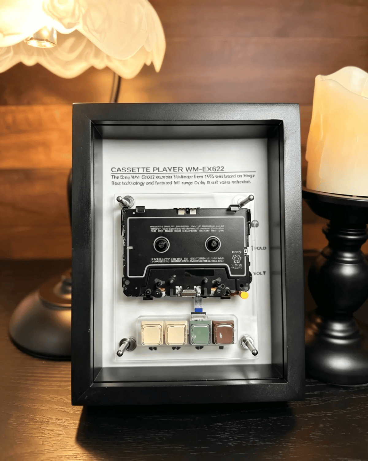 Vintage Cassette Player Frame with Functional Tape Playback & Retro Wall Art Design