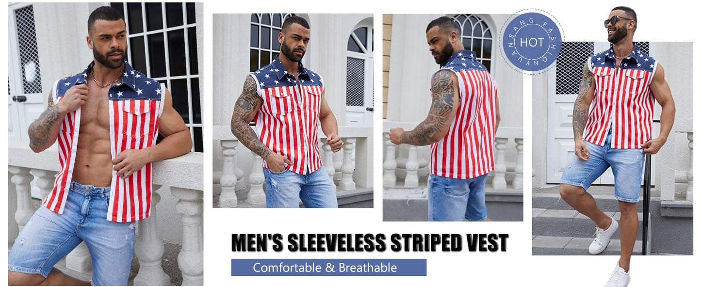⚡Hot Sales 49% OFF🔥Men's American Flag Denim Vest - 4th of July Patriotic Casual Sleeveless Jacket