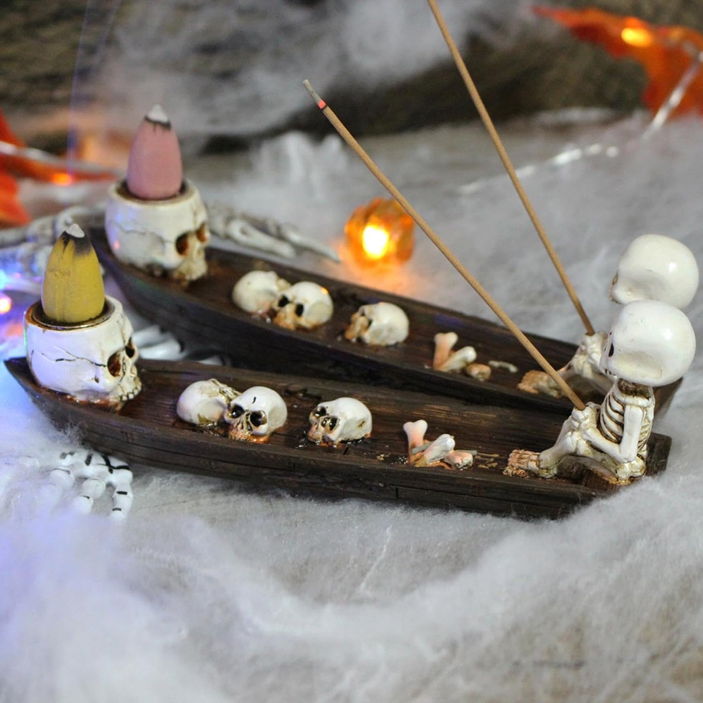 Skull Backflow Incense Holder Burner, Holder Skull in Fishing Boat of Skulls Decorative