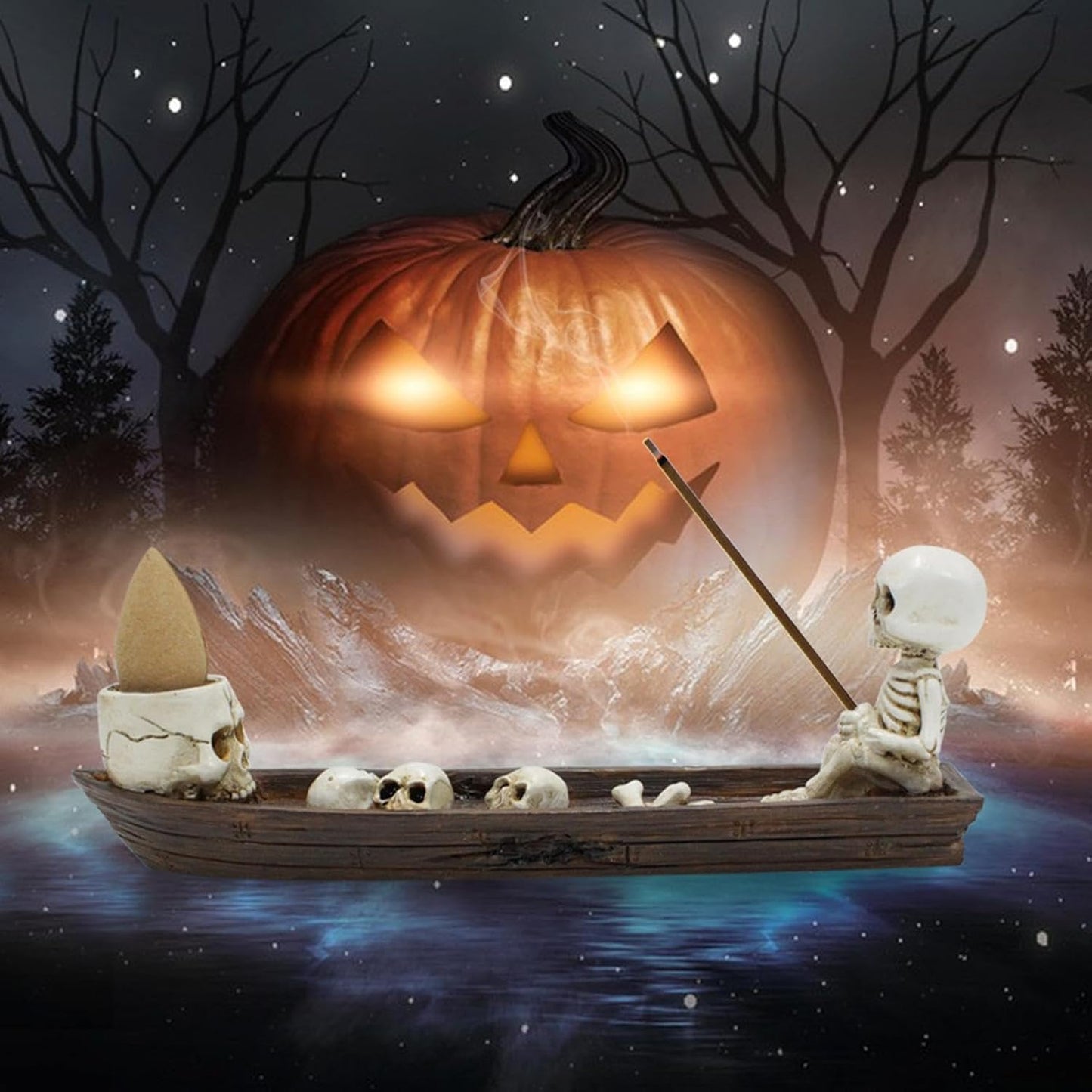 Skull Backflow Incense Holder Burner, Holder Skull in Fishing Boat of Skulls Decorative