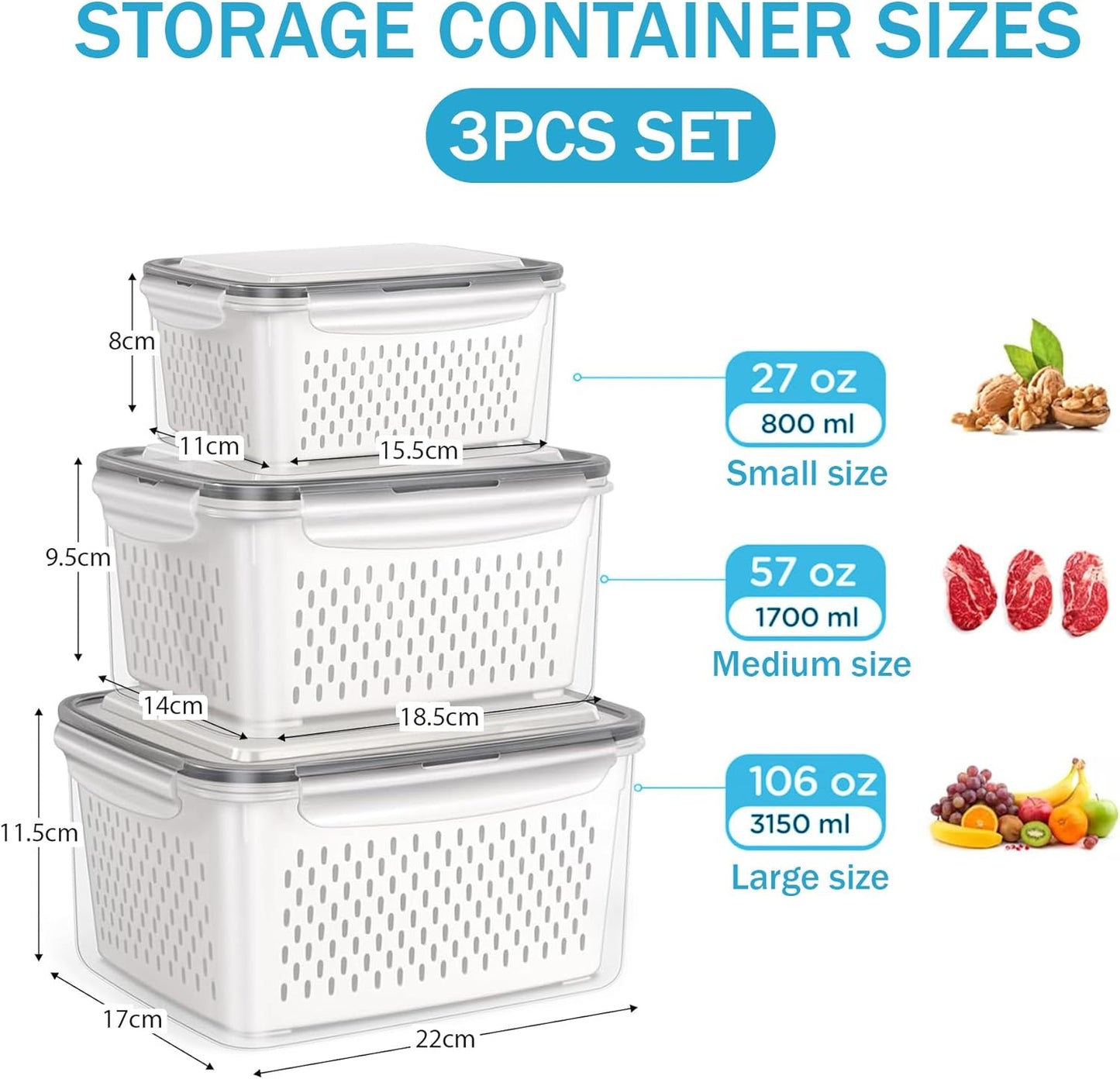 🍓3PCS Leakproof Produce Storage Bins With Removable Colander 💧
