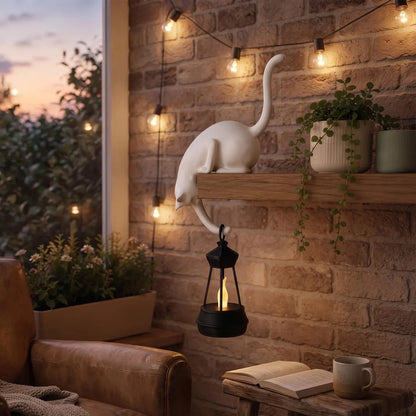 🐈‍Whimsical Cat Shelf Sitter with LED Lantern – Cute Bookshelf Decor & Handy Key Hook