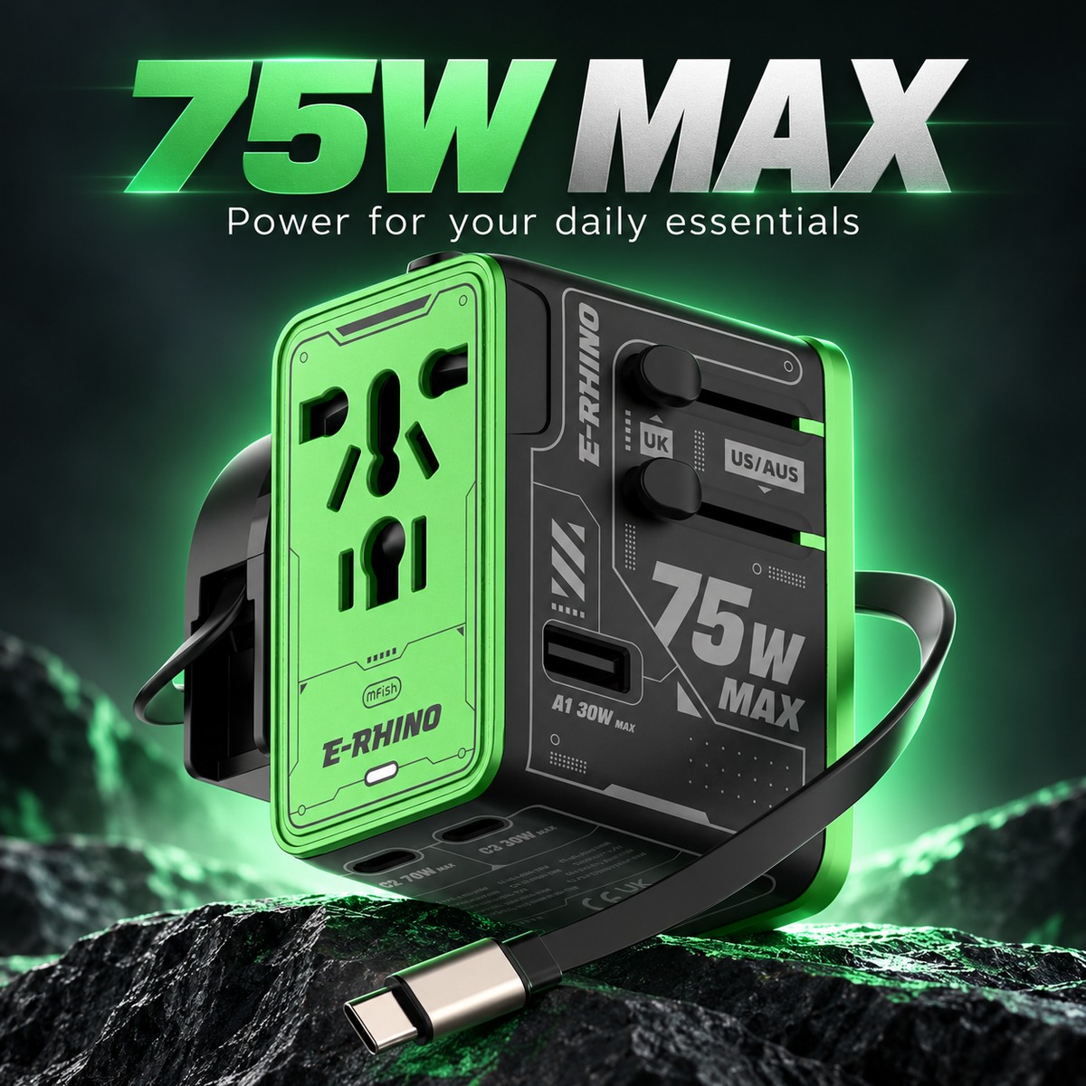 ⚡ 75W MAX All-in-One Travel Adapter – 5-Port Charging Hub with Built-In USB-C Cable 🌍🔌