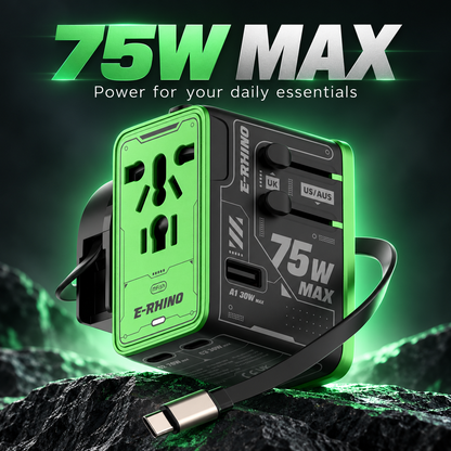 ⚡ 75W MAX All-in-One Travel Adapter – 5-Port Charging Hub with Built-In USB-C Cable 🌍🔌