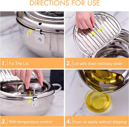 🍤Deep Fryer Pot with Oil Drop Tray Basket and Oil Thermometer, 304 Stainless Steel, Japanese-Style