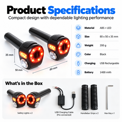 🚴(A pair) Dual-Direction Handlebar Safety Lights – USB Rechargeable Front & Rear Bike Lights with Hidden Bar-End Installation