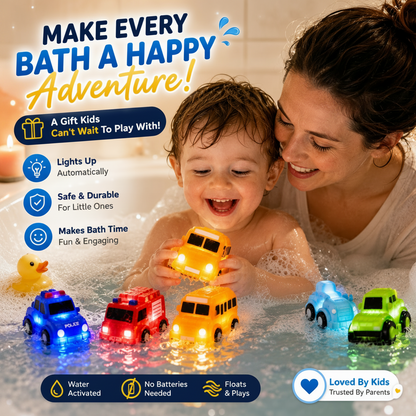 🚗 6PCS Water-Activated Light-Up Bath Toy Cars – Traffic & Construction Vehicles for Kids