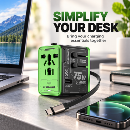 ⚡ 75W MAX All-in-One Travel Adapter – 5-Port Charging Hub with Built-In USB-C Cable 🌍🔌