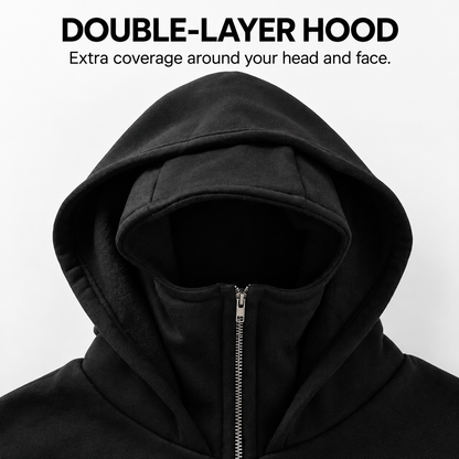 Full Zip Face Mask Hoodie - Premium Fleece Lined Hooded Sweatshirt, Trendy Y2K Streetwear Jacket for Spring & Fall 🧥