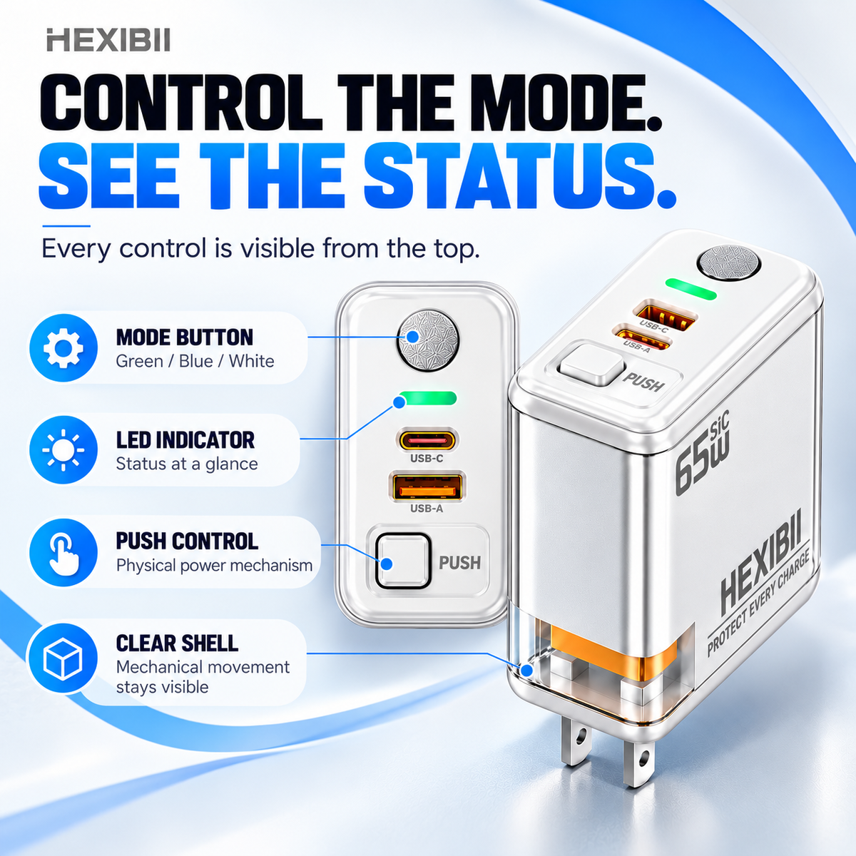 ⚡ 65W SiC Smart Auto Power-Off Charger – USB-C + USB-A Fast Charging with Physical Cut-Off