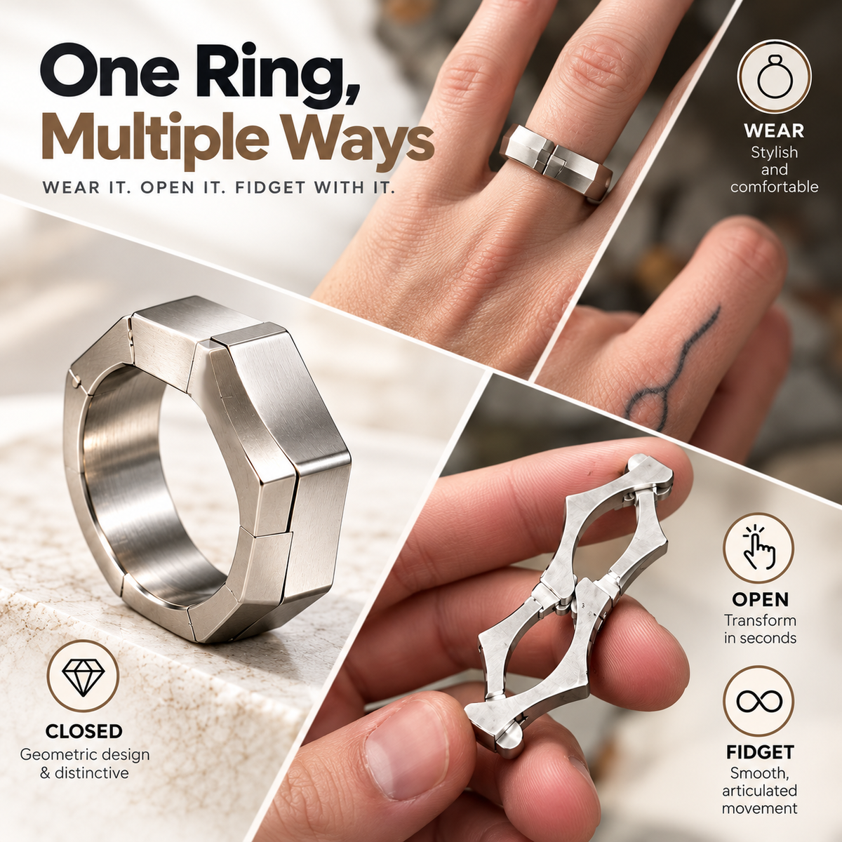 💍 Transformable Geometric Fidget Ring ✨ Wear It, Open It & Fidget Anywhere