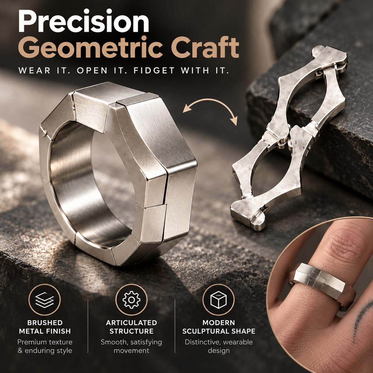 💍 Transformable Geometric Fidget Ring ✨ Wear It, Open It & Fidget Anywhere