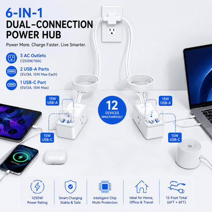 ⚡ Dual Extension Cable – 12-Foot Splitter with USB & AC Ports