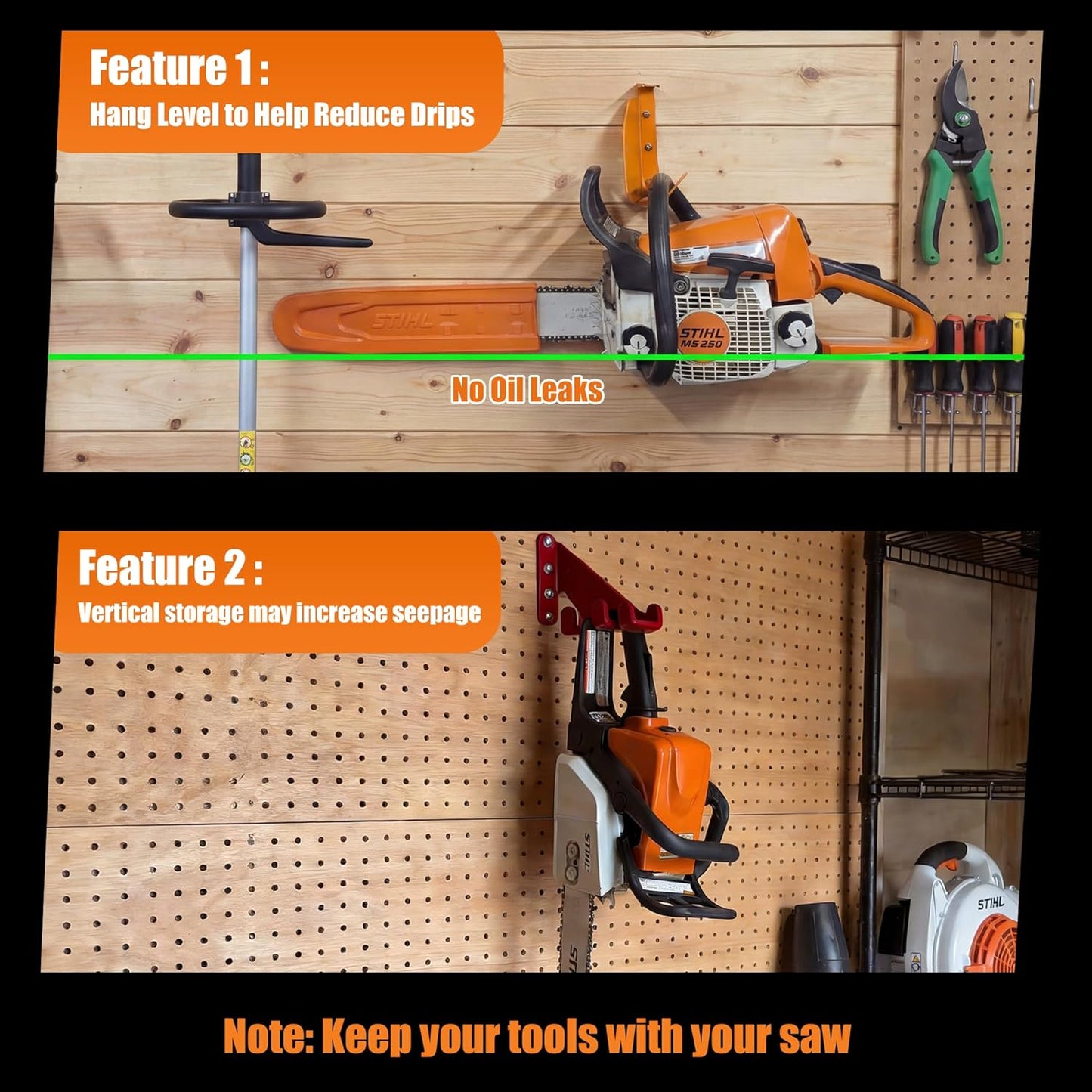 🧰 Heavy-Duty 304 Stainless Steel Chainsaw Wall Mount Hanger | Anti-Level Storage Bracket for Stihl, Husqvarna & Poulan Saws