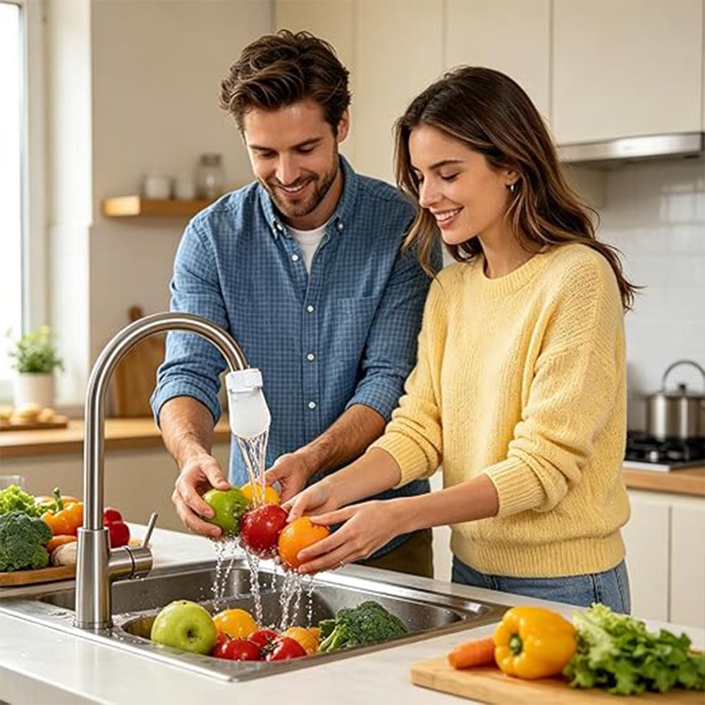 Couple washing produce under faucet filter