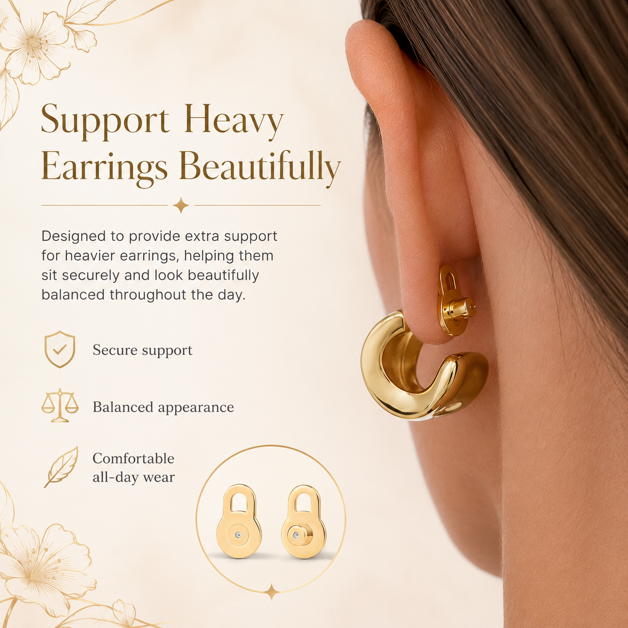 14K Gold Plated Earring Lobe Lifters – Lift & Support Heavy Earrings for a Perfect Look