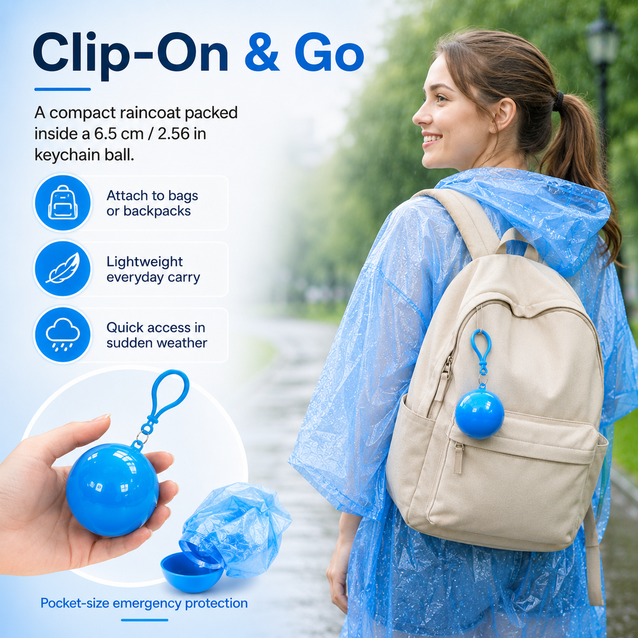 Portable Rain Poncho Ball – Waterproof Hooded Raincoat with Clip-On Case | 2, 4 & 6 Pack