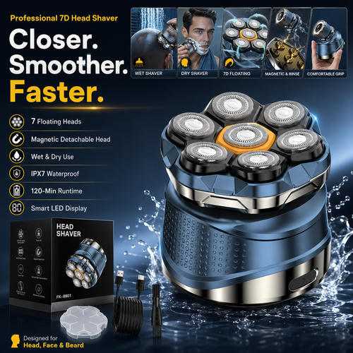 7D Electric Head Shaver for Men | Wet & Dry Rotary Razor