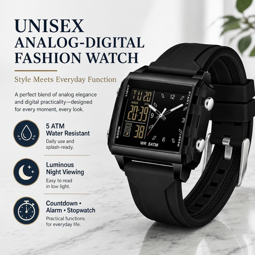 Analog-Digital Sport Watch – Waterproof, Luminous & Multi-Function