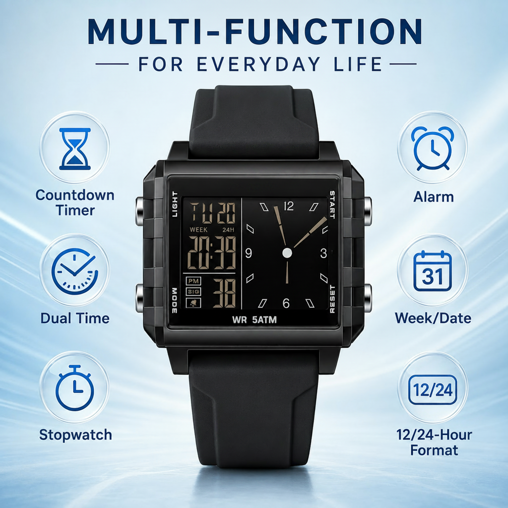 Analog-Digital Sport Watch – Waterproof, Luminous & Multi-Function