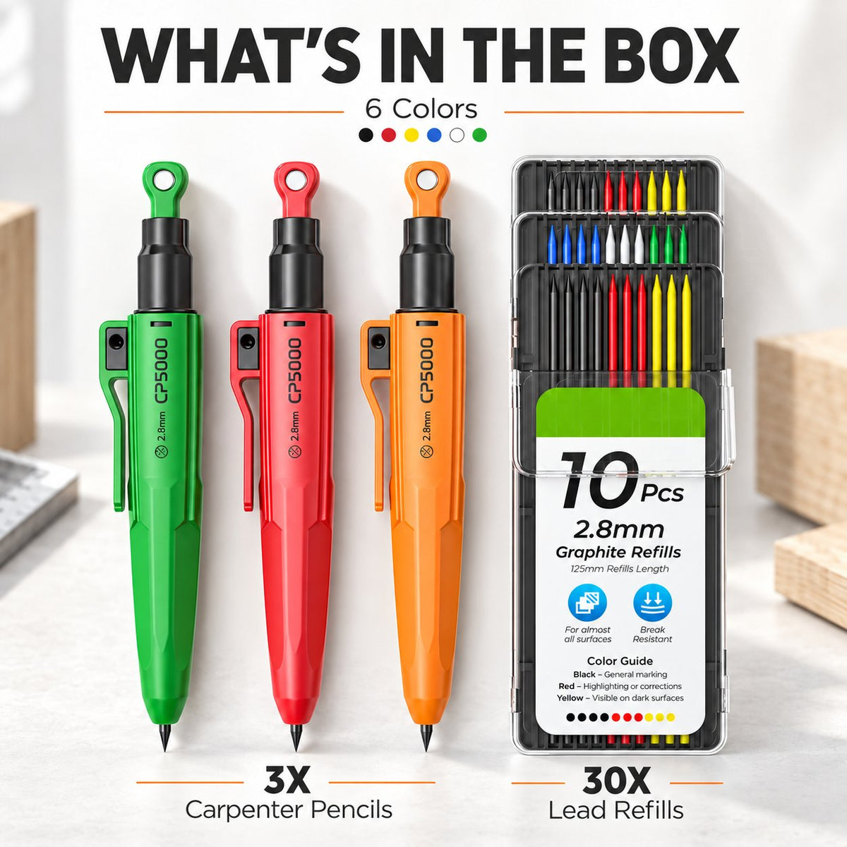 ✏️7-in-1 Magnetic Mechanical Pencil Set | 3-Pack Assorted Colors with 30 Graphite Refills | Sharpener & Protective Sleeve | Bullet Tip for Construction & Woodworking Marking