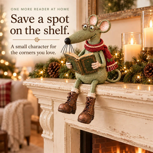 🐭📚 Whimsical Reading Mouse Shelf Sitter – Vintage Book Lover Figurine & Cozy Home Décor