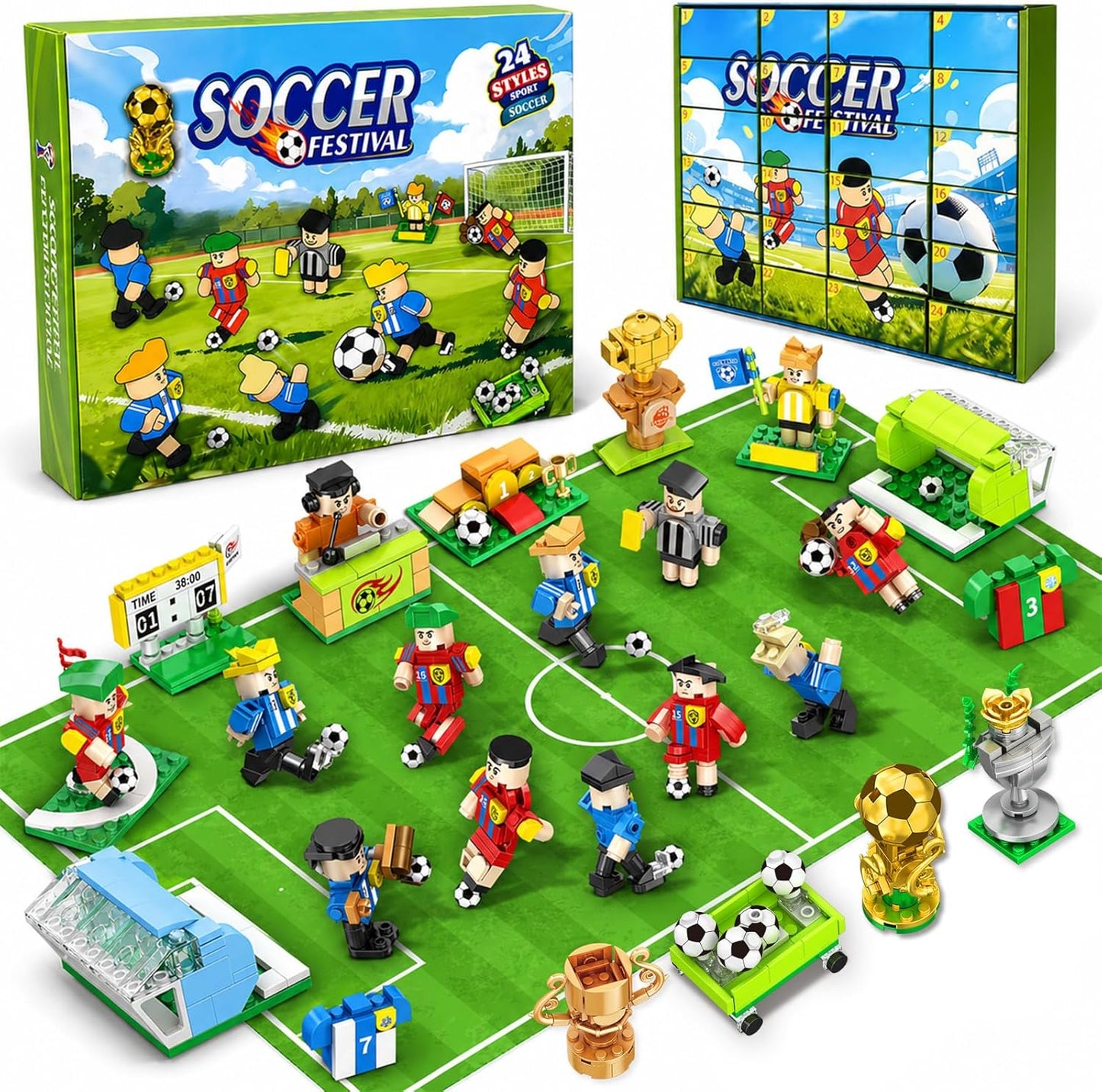 2026 World Cup Soccer Building Blocks Advent Calendar - 24 Pack Mystery Blind Box Toy Set with 10 Figures, Playable Field & Keychains (712 PCS)