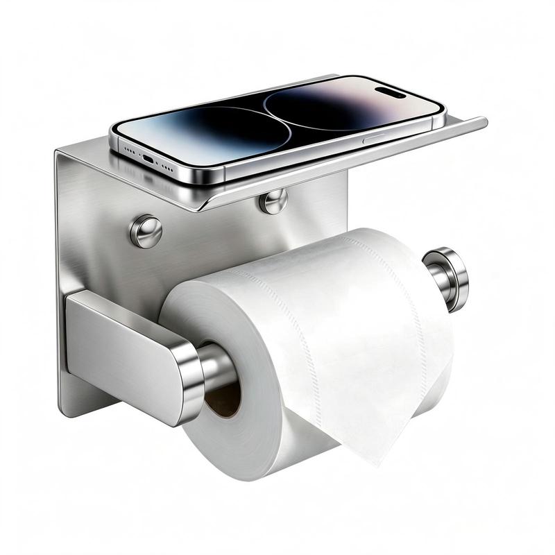 Toilet Paper Holder with Shelf – No-Drill, Fits Mega Rolls, Matte Black or Silver