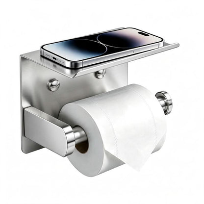 Toilet Paper Holder with Shelf – No-Drill, Fits Mega Rolls, Matte Black or Silver