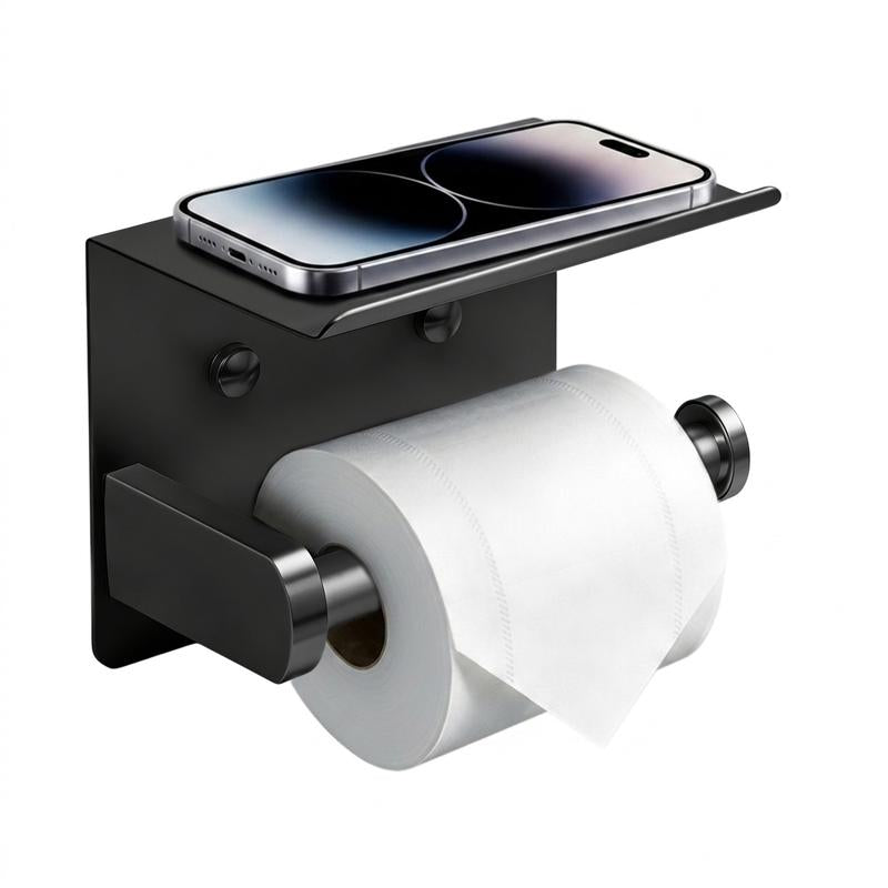 Toilet Paper Holder with Shelf – No-Drill, Fits Mega Rolls, Matte Black or Silver