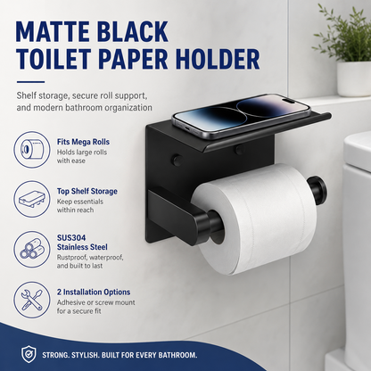 Toilet Paper Holder with Shelf – No-Drill, Fits Mega Rolls, Matte Black or Silver