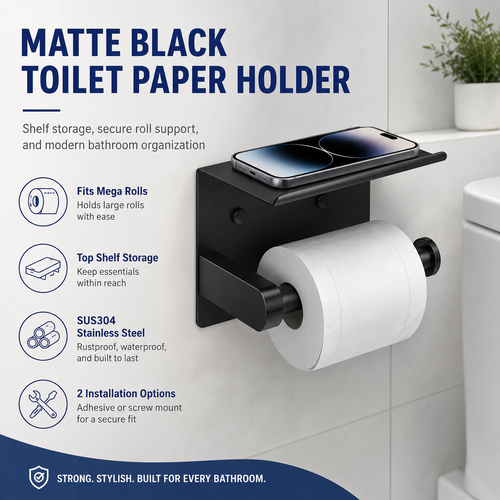 Toilet Paper Holder with Shelf – No-Drill, Fits Mega Rolls, Matte Black or Silver