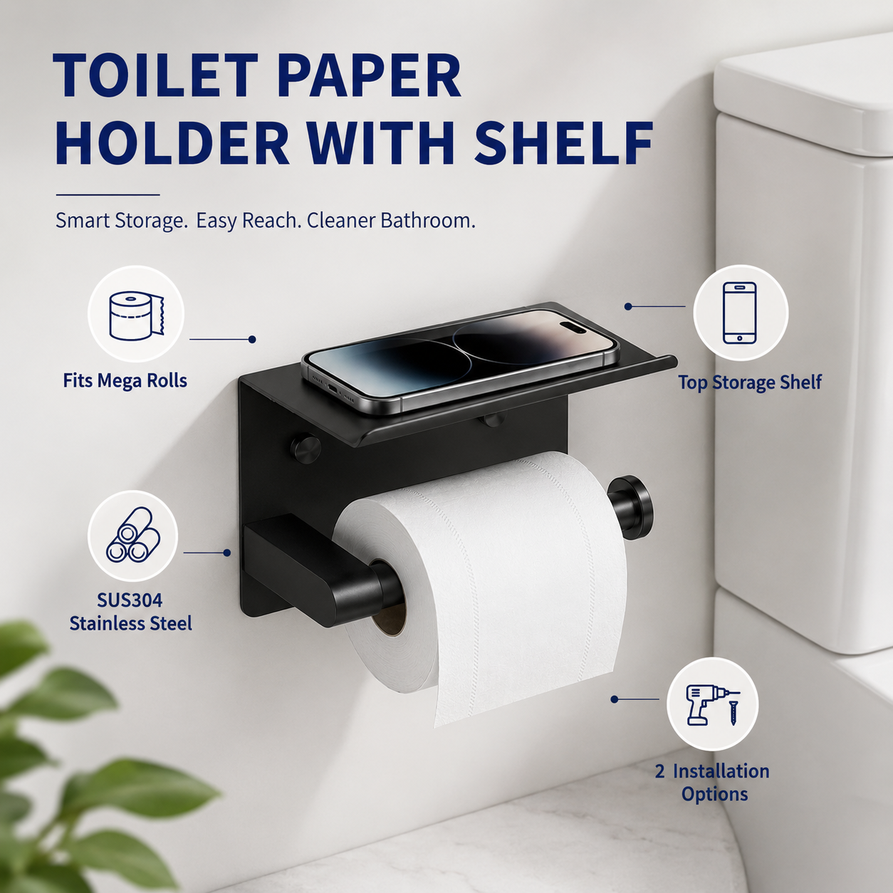 Toilet Paper Holder with Shelf – No-Drill, Fits Mega Rolls, Matte Black or Silver