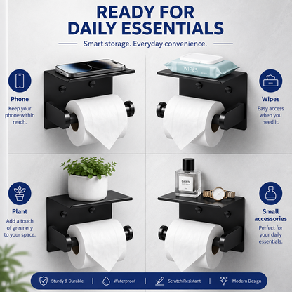 Toilet Paper Holder with Shelf – No-Drill, Fits Mega Rolls, Matte Black or Silver