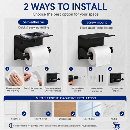 Toilet Paper Holder with Shelf – No-Drill, Fits Mega Rolls, Matte Black or Silver