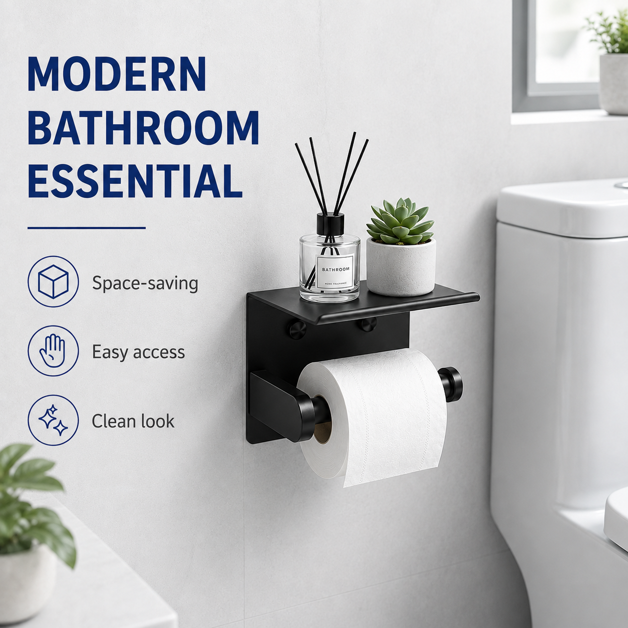 Toilet Paper Holder with Shelf – No-Drill, Fits Mega Rolls, Matte Black or Silver