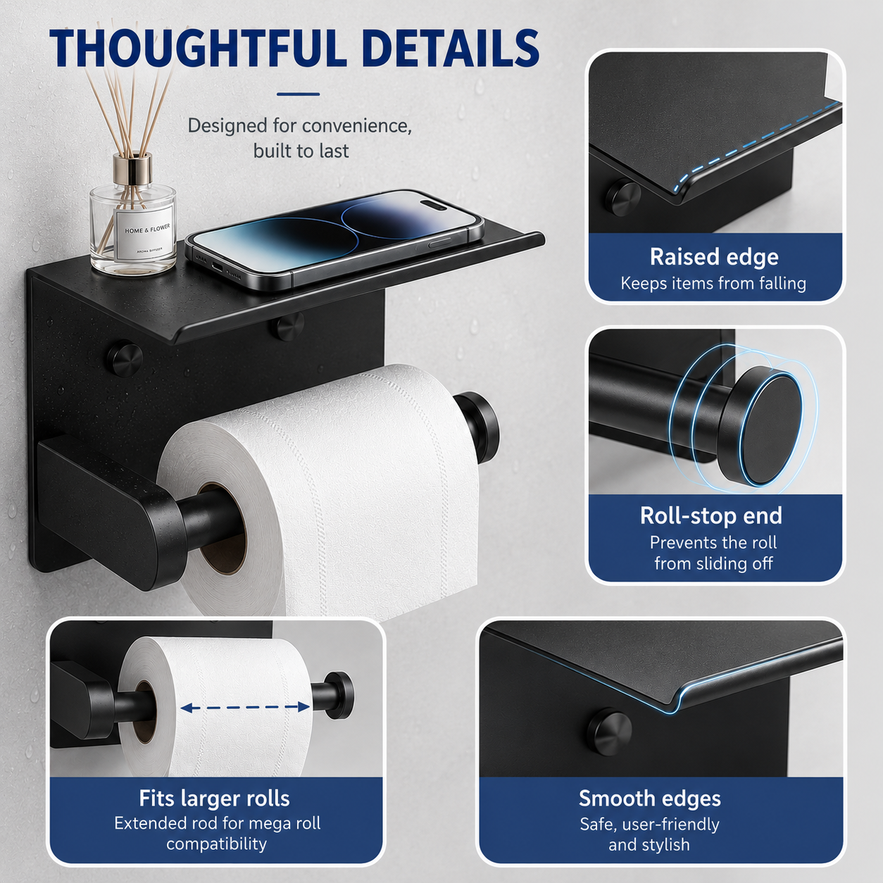Toilet Paper Holder with Shelf – No-Drill, Fits Mega Rolls, Matte Black or Silver