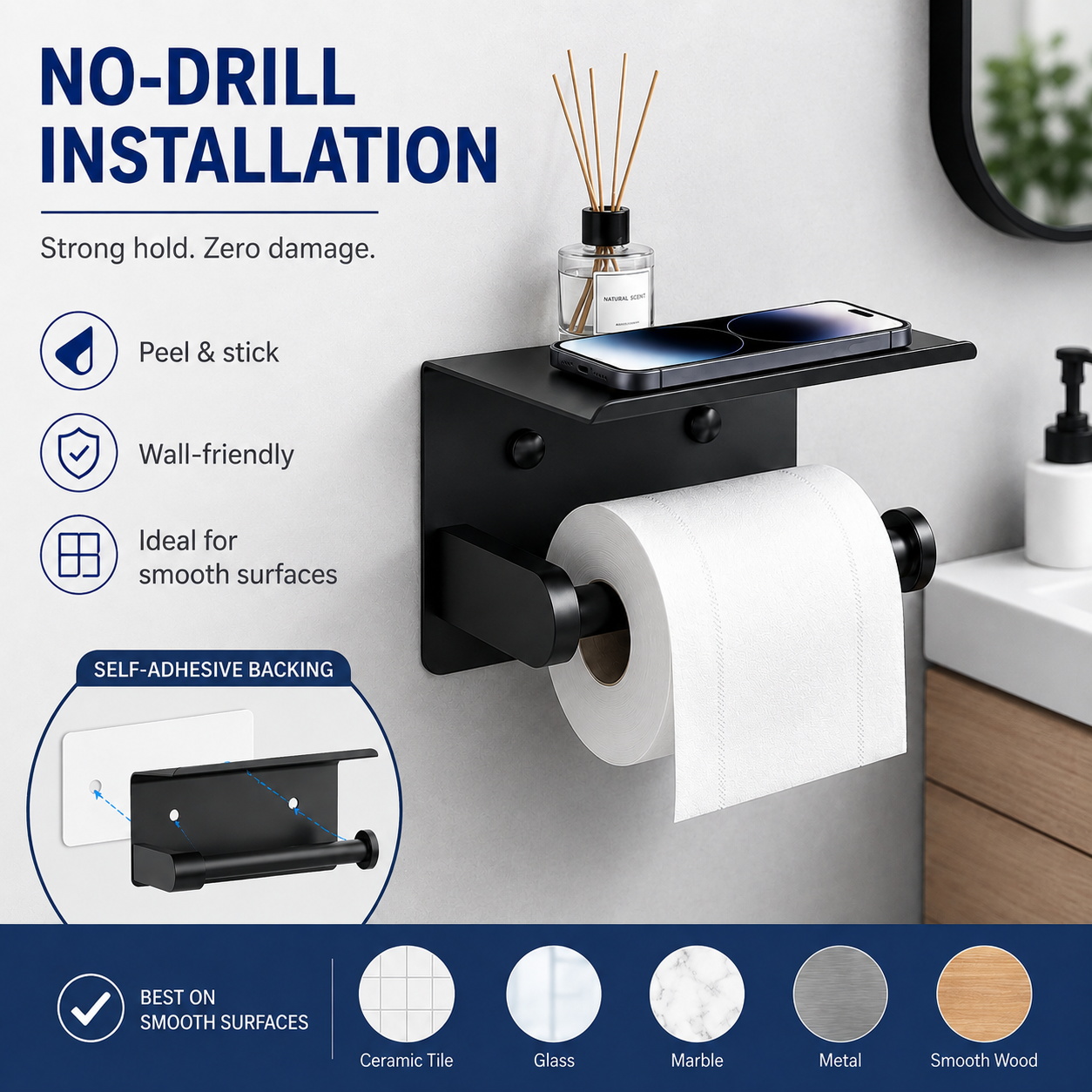 Toilet Paper Holder with Shelf – No-Drill, Fits Mega Rolls, Matte Black or Silver