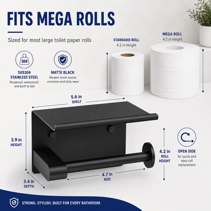 Toilet Paper Holder with Shelf – No-Drill, Fits Mega Rolls, Matte Black or Silver