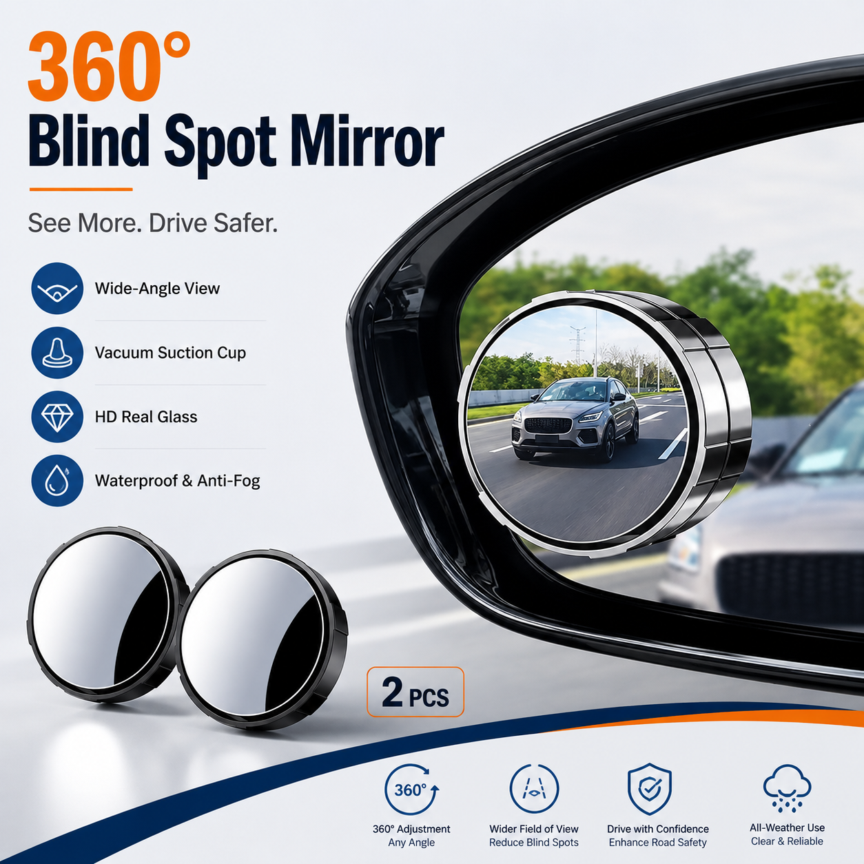 2-Pack Blind Spot Mirrors – 360° Adjustable Wide-Angle Rearview Safety Mirrors