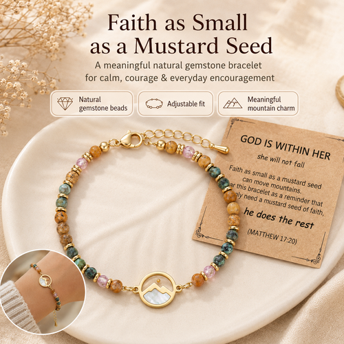 Women's Mustard Seed Gemstone Bracelet – Inspirational Mountain Charm, Adjustable Beaded Faith Bracelet