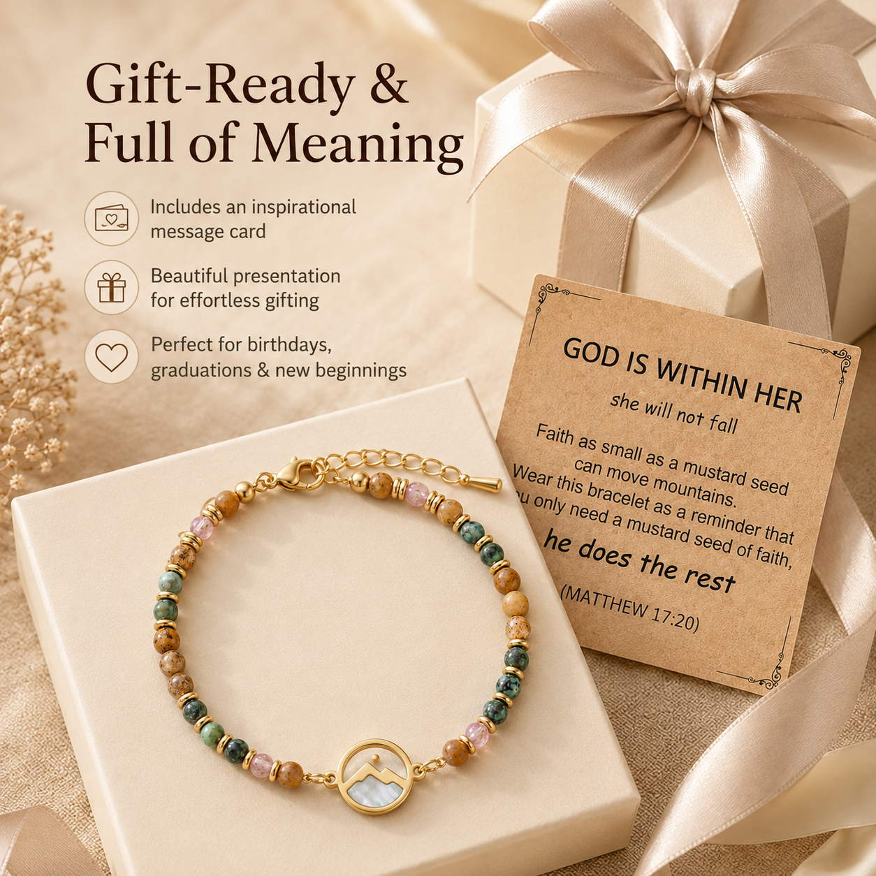 Women's Mustard Seed Gemstone Bracelet – Inspirational Mountain Charm, Adjustable Beaded Faith Bracelet