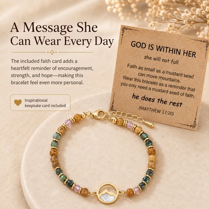 Women's Mustard Seed Gemstone Bracelet – Inspirational Mountain Charm, Adjustable Beaded Faith Bracelet