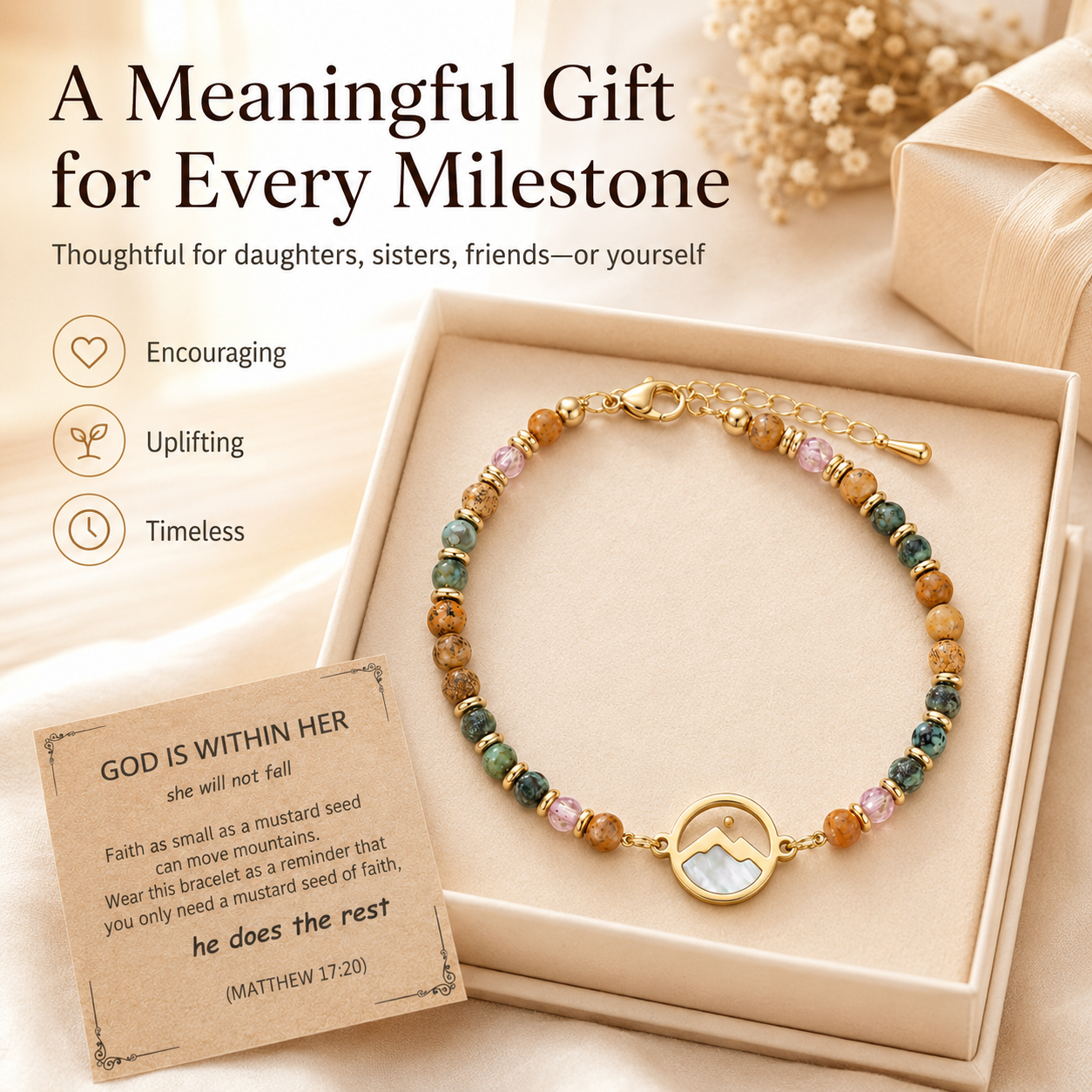 Women's Mustard Seed Gemstone Bracelet – Inspirational Mountain Charm, Adjustable Beaded Faith Bracelet