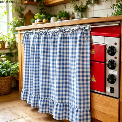 Farmhouse-Style Stove Curtain, Gingham Grid Ruffle-Edge Tier Curtains, Rural Short Window Valance, Home Kitchen Dust Cover, Plaid Floral Window Treatments, Aesthetic House Decor, Unique Room Decor