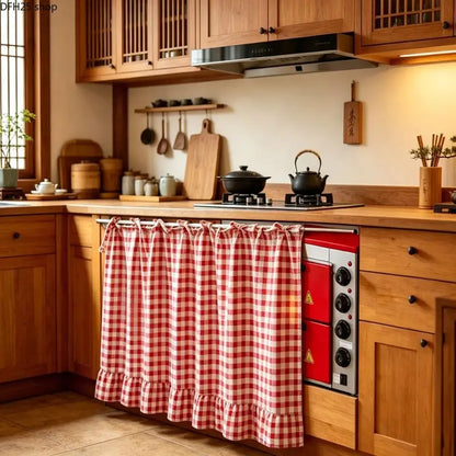 Farmhouse-Style Stove Curtain, Gingham Grid Ruffle-Edge Tier Curtains, Rural Short Window Valance, Home Kitchen Dust Cover, Plaid Floral Window Treatments, Aesthetic House Decor, Unique Room Decor