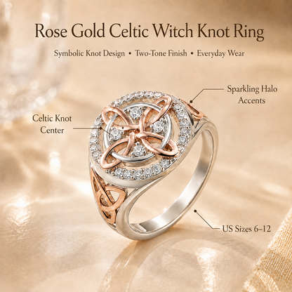 Two-Tone Celtic Knot Ring | Rose Gold & Silver Statement Ring with Sparkling Halo