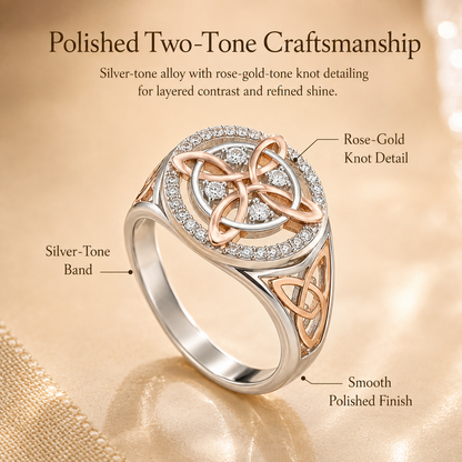 Two-Tone Celtic Knot Ring | Rose Gold & Silver Statement Ring with Sparkling Halo