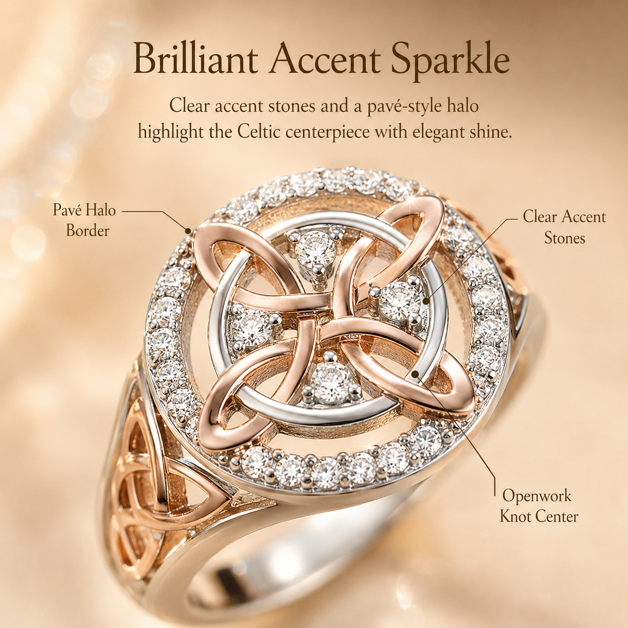 Two-Tone Celtic Knot Ring | Rose Gold & Silver Statement Ring with Sparkling Halo