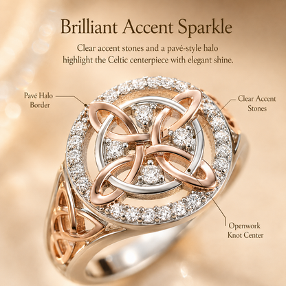 Two-Tone Celtic Knot Ring | Rose Gold & Silver Statement Ring with Sparkling Halo
